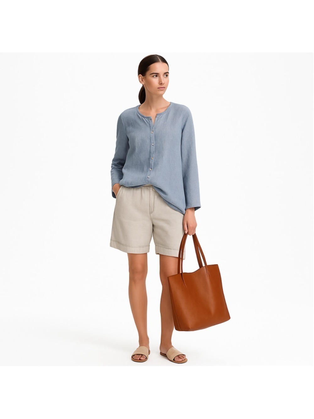 Eileen Fisher Italian Linen Tunic Shirt Jacket Blue Button Front Oversized M